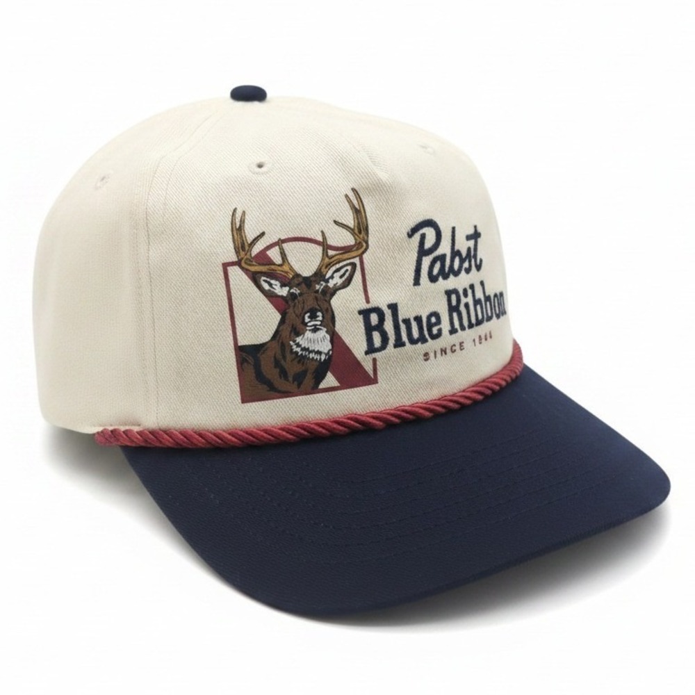 Pabst Blue Ribbon PBR Deer Rope‎ Hat Snapback Cream Navy Bioworld Beer Cap NEW
